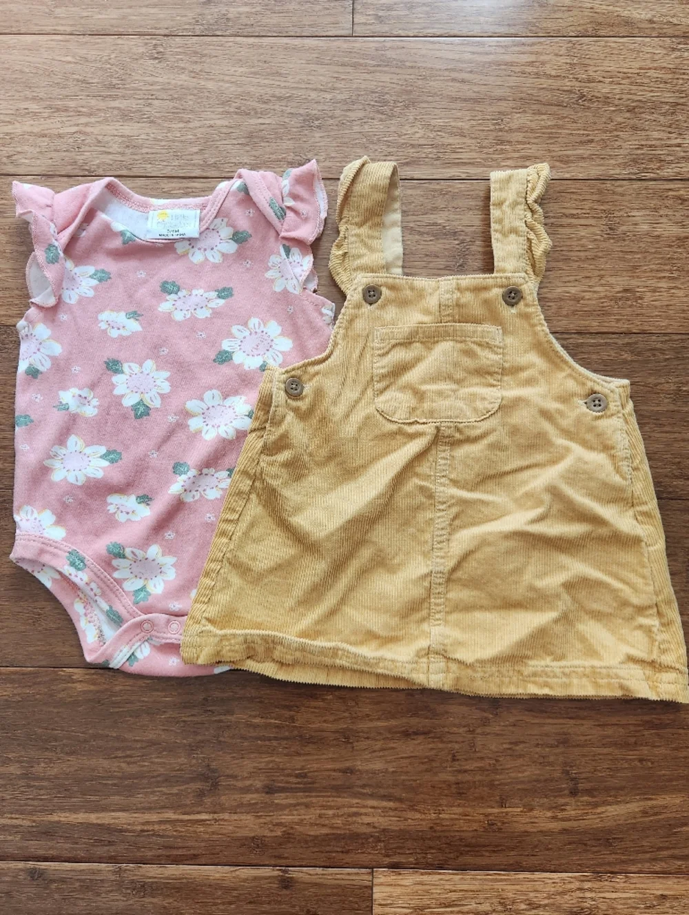 Baby Girls Summer Yellow Corduroy Overall Dress & Floral Bodysuit Set 3-6 Months